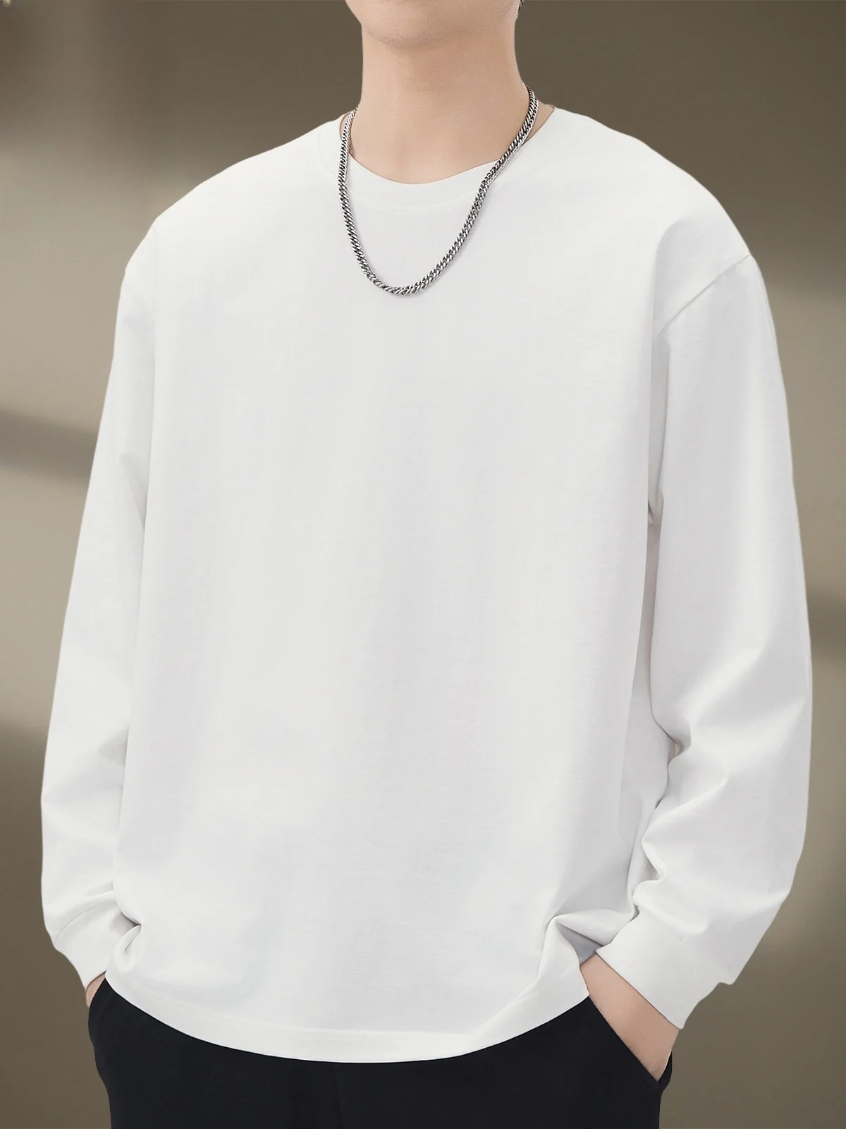 

Мужская футболка из чистого хлопка с длинным рукавом, белая, с круглым вырезом, базовая, повседневная, свободного кроя, весенняя новинка, международный бренд