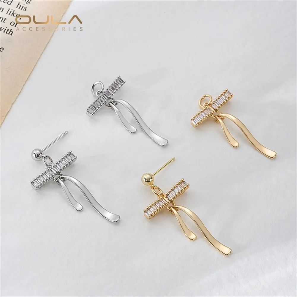 

14K Gold-plated Color Three-dimensional Bow Tassel Pendant Diy Handcrafted Stud Earrings Accessory Set with T-shaped Zircon