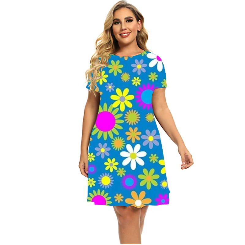 Flower Power Gradient Print Women Dress Elegant Sweet Casual Short Sleeve A-Line Dress Summer Fashion Ladies Plus Size Clothing