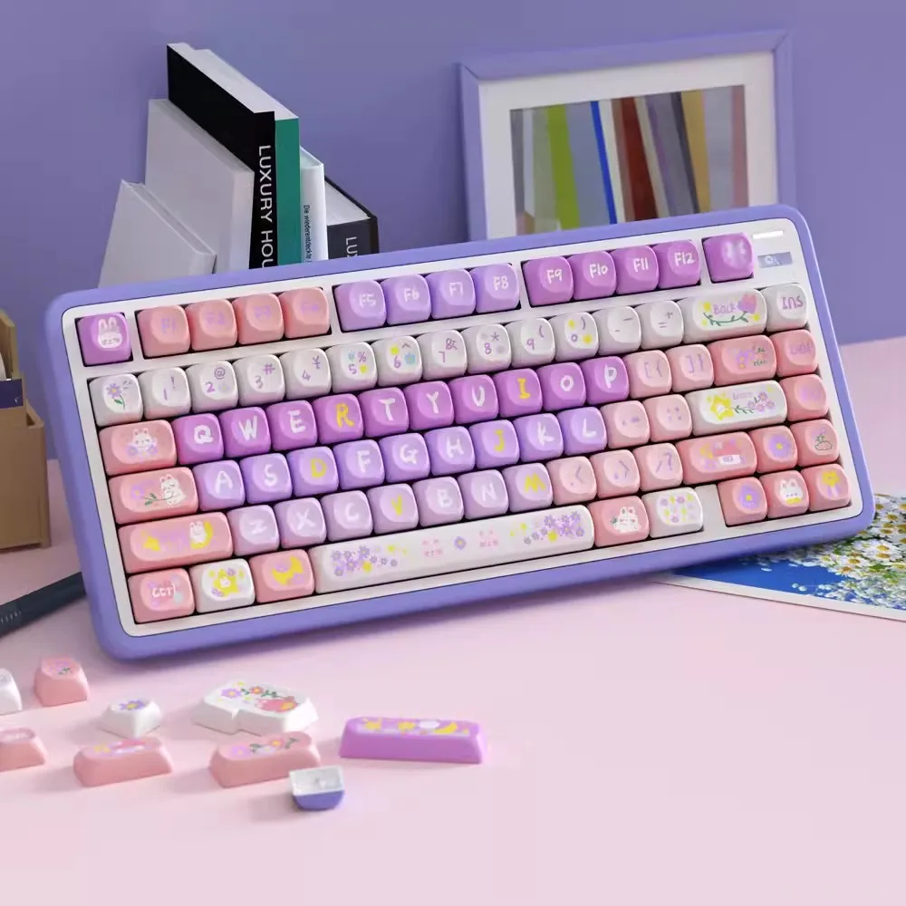 1 Set Purple Rabbit Daisy Keycaps PBT Dye Sublimation Key Caps SOA Profile Rounded Cute Keycap For MX Switch Keyboard 68 75 96