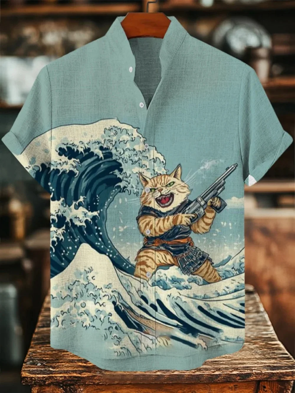 

Мужская льняная рубашка, рубашка с волнистым принтом кота-воина, однобортный повседневный праздничный уличный топ с короткими рукавами