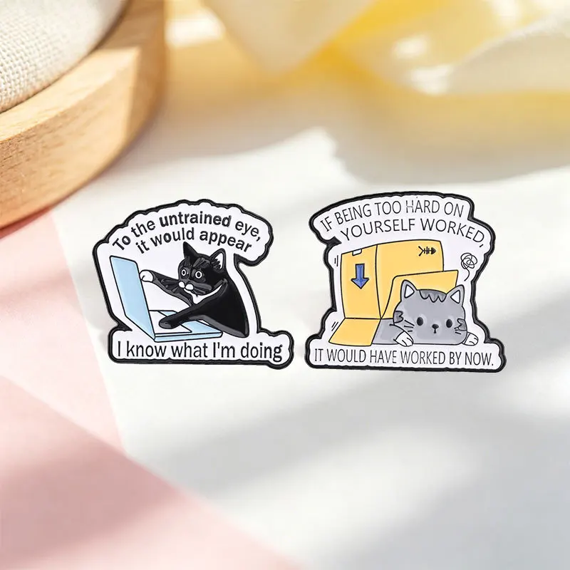 Cute Grey Black Cat Working Playing Badge Enamel Pins Brooch Complain Work Corsage Lapel Pin Accessory Creative Gift For Stuff