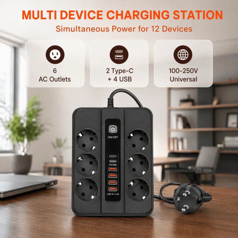 3000W EU Power Strip Copper Conductive Dual USB Port USB Power Strip Multi-function Overload Protection USB Socket Hotel