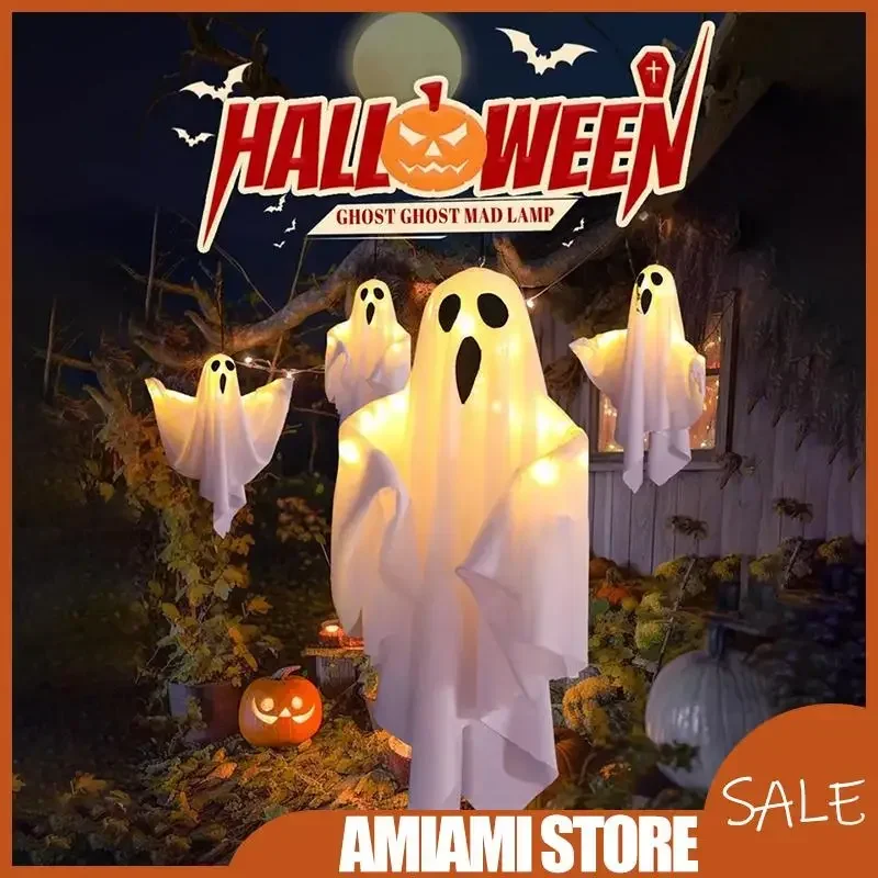 50X40cm Halloween Ghost Hanging Decorations Hanging Light Up White Flying Ghosts Tree Window Wall Scary Ornament Dolls Toy Gift