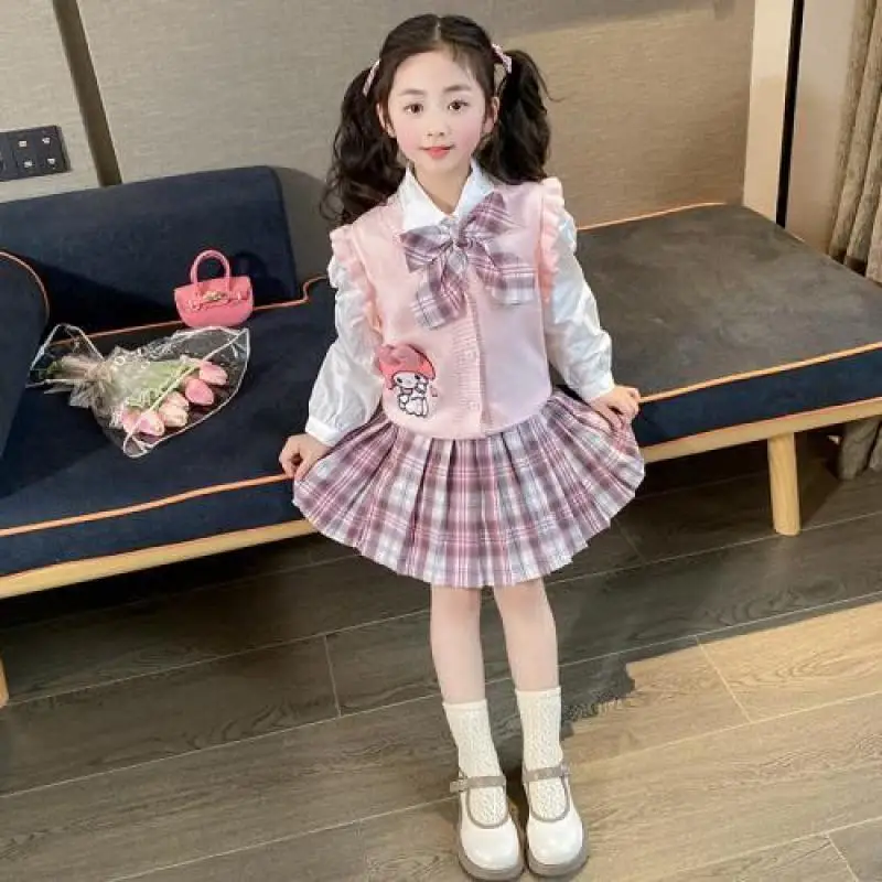 Anime Sanrioed Kids 3Pcs Set Kawaii Cinnamoroll Kuromi Melody Girl Fashion Spring College Style Cardigan Shirt Pleated Skirt Set