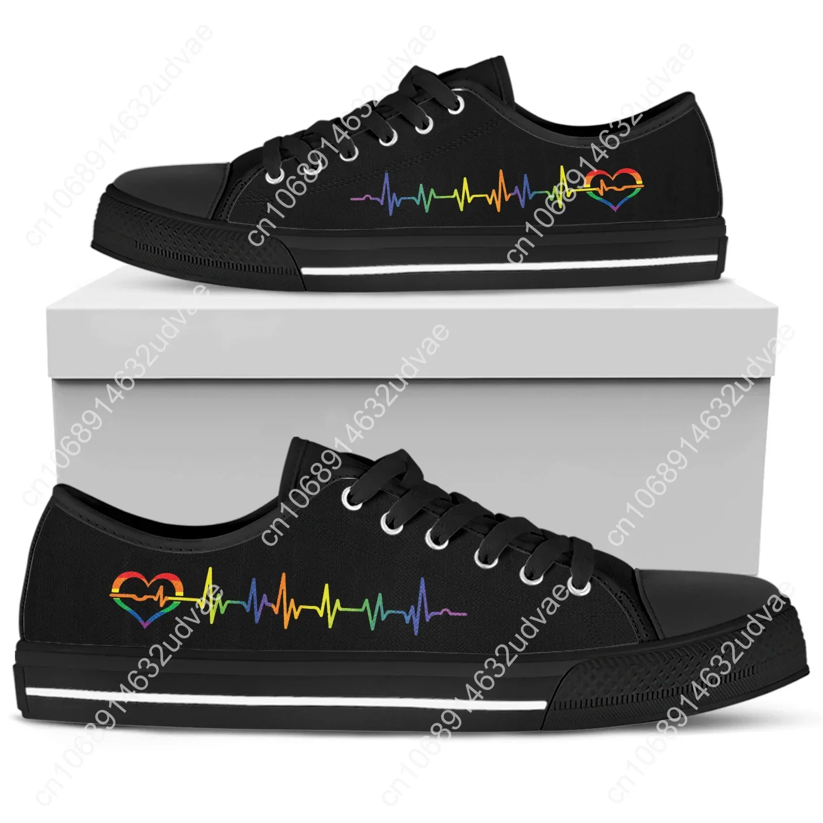 Tênis de lona estilo coração feminino Lgbt, tênis vulcanizado, cordões, arco-íris, sapatos baixos, designer