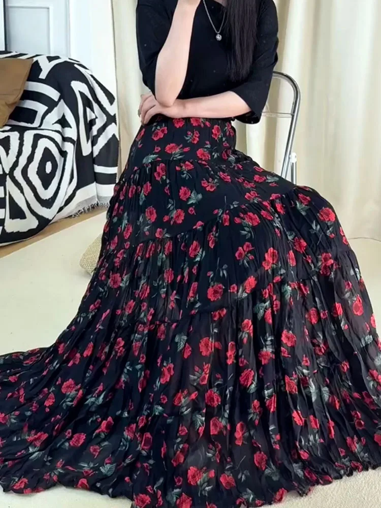 

Корейская юбка в стиле ретро с цветочным принтом, с высокой талией, драпированная, свободного кроя, на резинке, летняя новинка, большие размеры