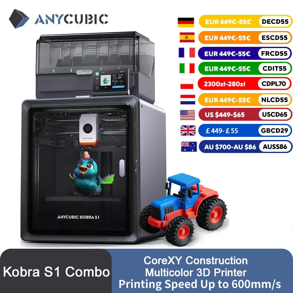 Immagine di Anycubic Kobra S1 Combo AE Versione Stampante 3D multicolore Velocità massima 600 mm/s Core XY Struttura stabile Stampante 3D ad alta precisione