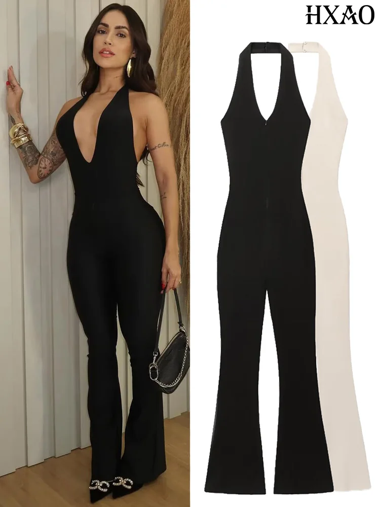 HXAO Jumpsuit ผู้หญิงแขนกุด Halter บอดี้สูทผู้หญิง Combi-กางเกงสีขาวสีดํา Jumpsuits ฤดูร้อนหญิง Backless Romper