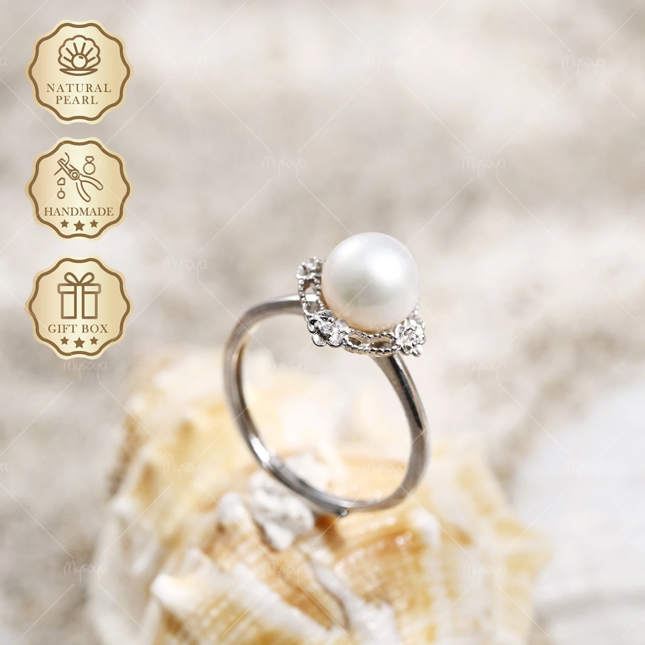 

MYSOYA Akoya White Pearl Open Ring 8-8.5mm Square Hollow Pattern Ring, Gift Box, Graduation Gift C333