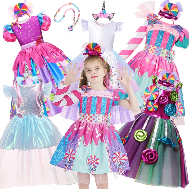 

3-10 Years Purim Candy Princess Dress Baby Girls Carnival Costumes Children Flower Unicorn Rainbow Clothes Purim Party Clothings