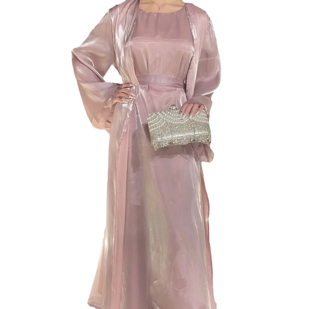 Women's Clothing Muslim Long Dress Two-Piece Dress Shiny Silk Robe Abaya Loose Open Cardigan Robe Abaya