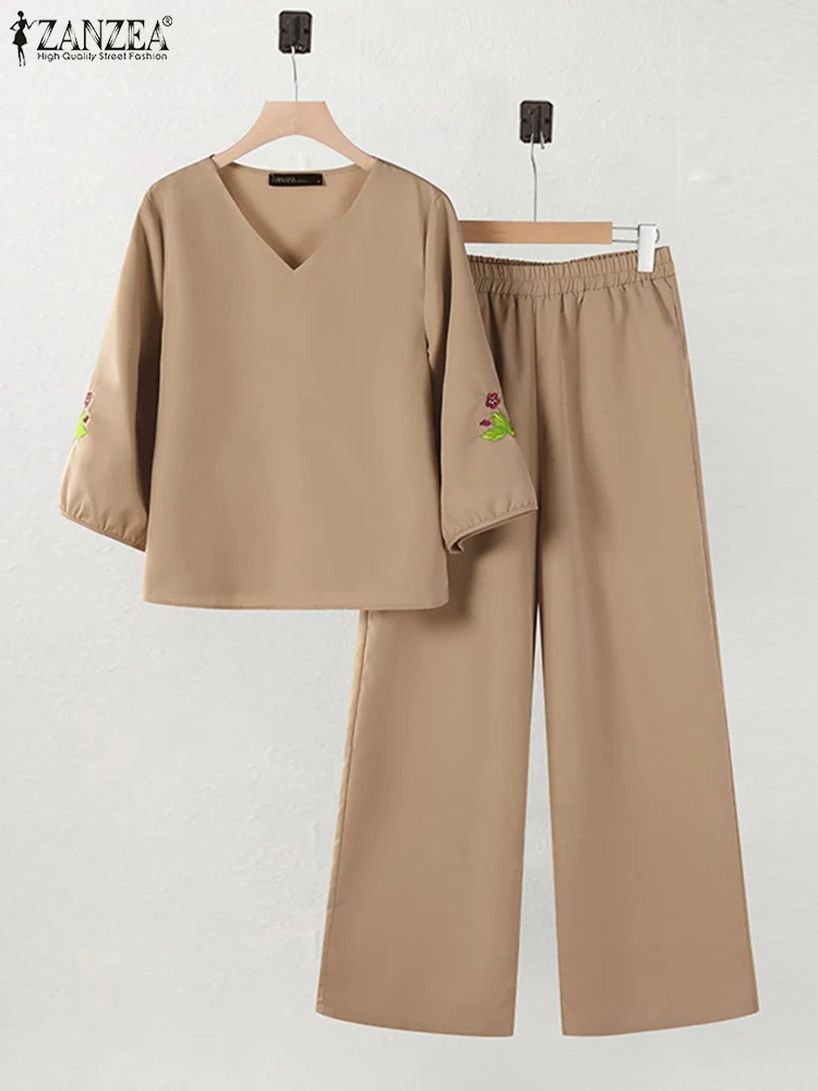 ZANZEA-trajes de pantalones de otoño para mujer, conjuntos holgados a juego con cuello en V, blusa bordada de manga 3/4, pantalones, trajes de 2 uds, chándal informal