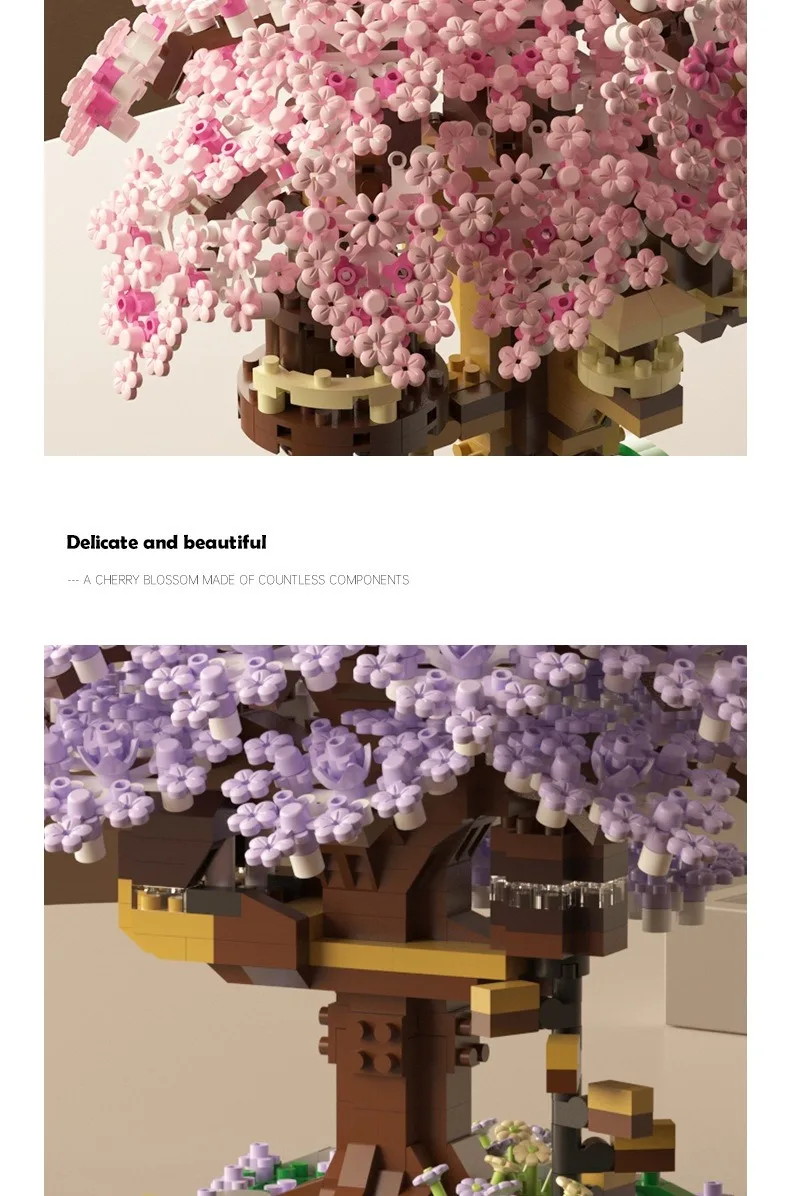 DIY Lila Romantische Kirschblüte Blume Rosa Baum Haus Montage Bausteine Klassisches Modell Miniatur Ziegel Sets Kind Geschenke – Detail 11