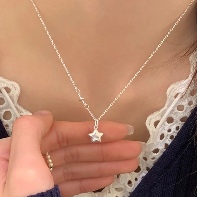 Cute Sweet 925 Sterling Silver Three-dimensional Five-pointed Star Pendant Necklace for Woman Collarbone Chain Jewelry Accessory