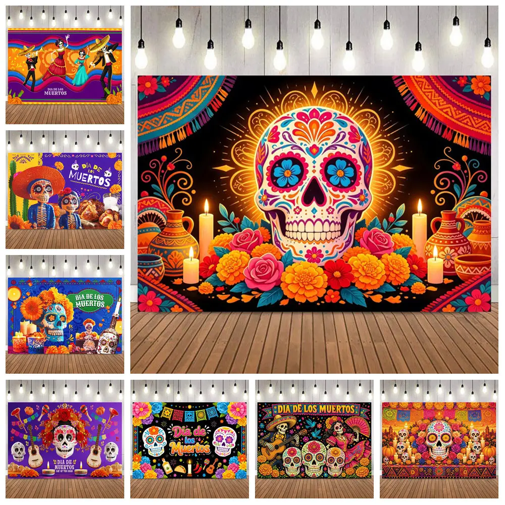Mexican Carnival Day of The Dead Backdrop Multicolor Fiesta Cinco DeMayo Banner Birthday Wedding Party Photography Backgrounds