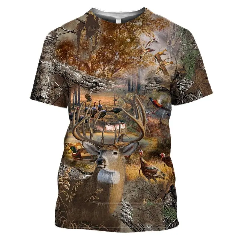 

3D Wild Boar Print T Shirt For Men Outdoor Jungle Hunt Reed Camouflage T-Shirt Casual O-neck Short Sleeve Funny Deer Pattern Tee