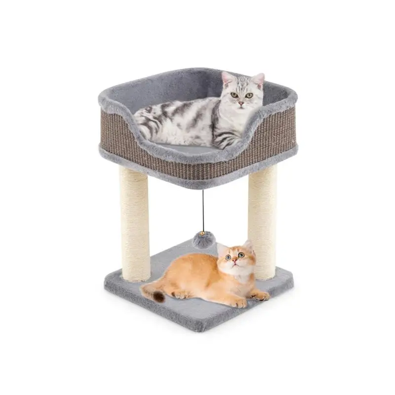 2-Level Cat Furniture with Engaging Bell & Pompom Toys - Durable Sisal & Plush Design on Engineered Wood, Perfect for Small