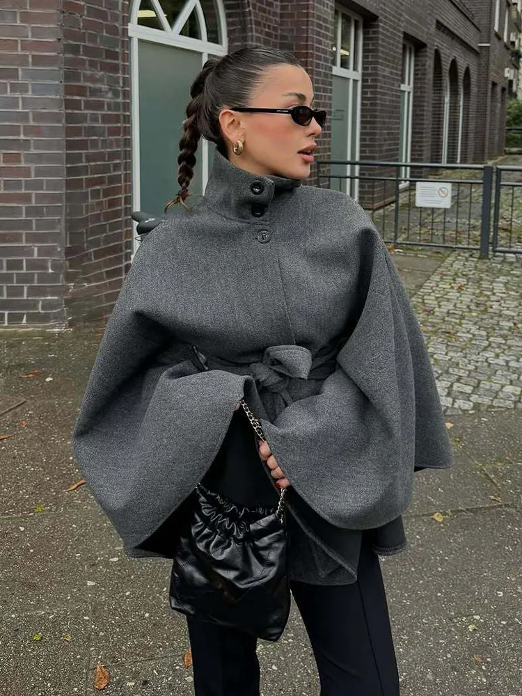 

HH Women Spring Autumn High Collar Cape Style Belt Button Decoration Slim Coat Female High Street Casual Fashion Short Jacket