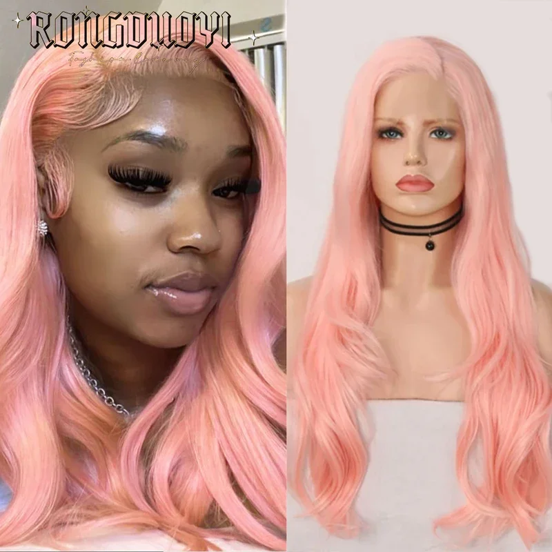 Light Pink Wave Synthetic Lace Wigs For Women Cosplay Wig Long Natural Wave Hair Pastel Pink Wig Daily Wear Pelucas Realistas