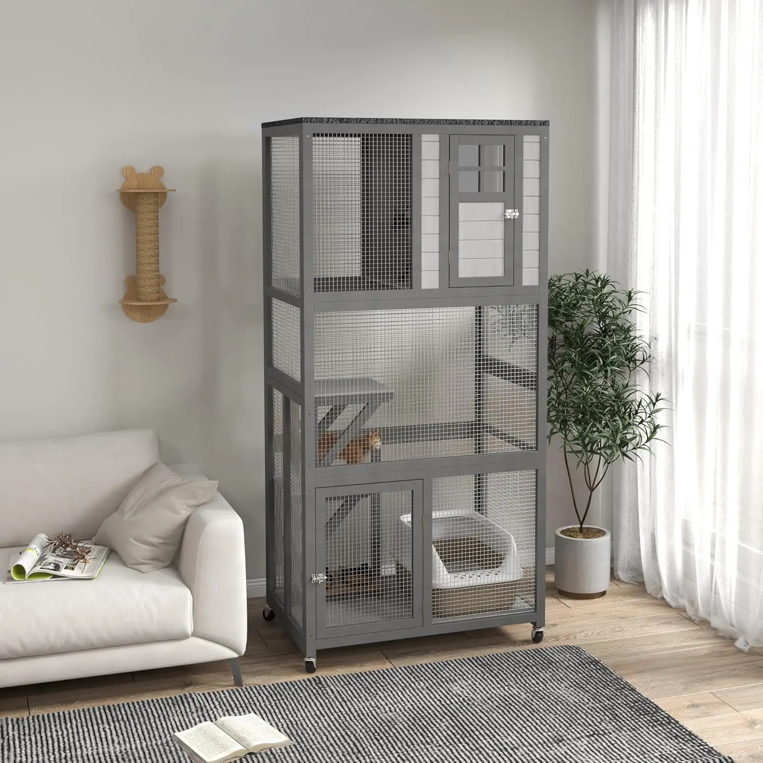 Wooden Catio Outdoor Cat House Weatherproof Wheeled Outside Cat Enclosure with High Weight Capacity Kitten Cage Condo Gray