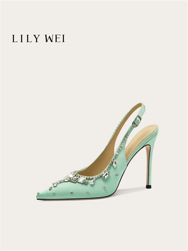 Spring/Summer New Pointed Silk Water Diamond Low Heel Sandals for Banquet, Large Size, Small Size, High Heel Women's Shoes