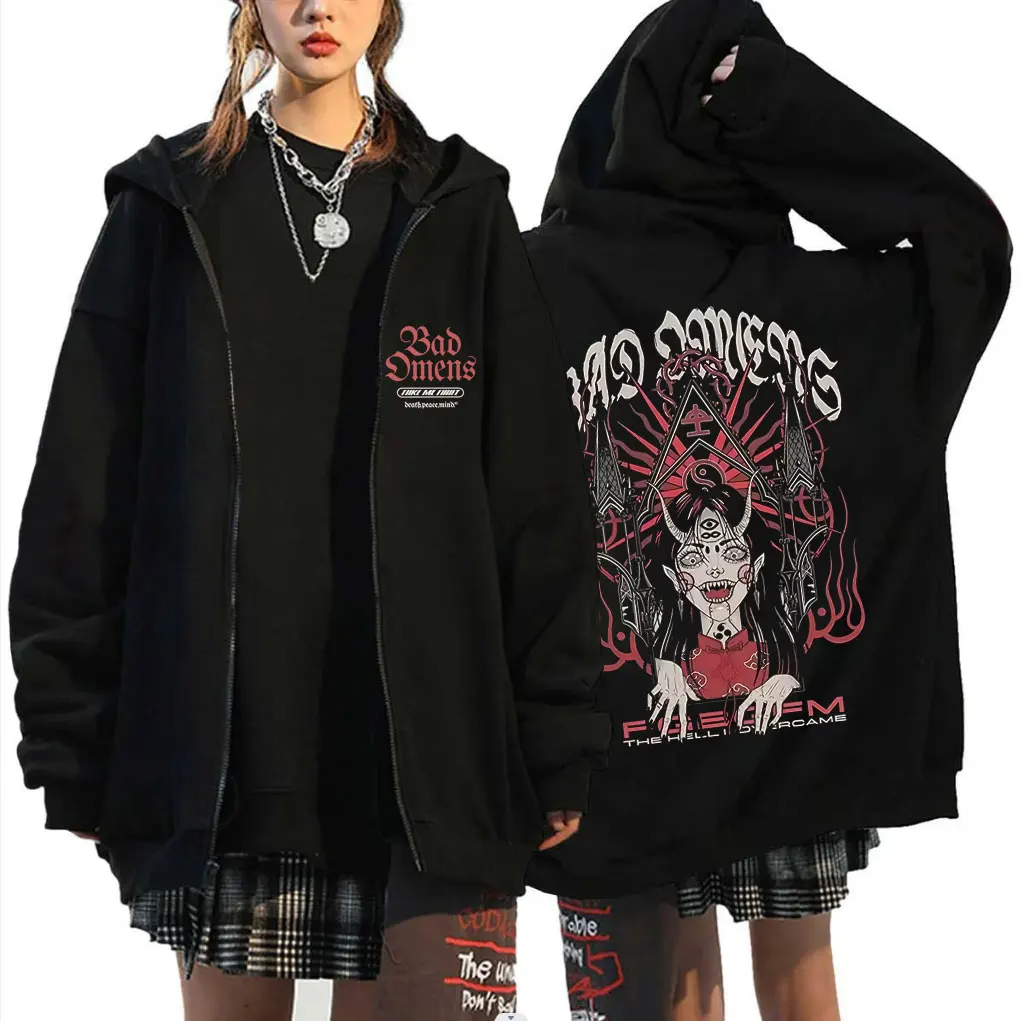 

Rock Band Bad Omens Zipper Hoodie Men Women Fashion Casual Oversized Zip Up Jacket Male Vintage Gothic Punk Zip Up Sweatshirts