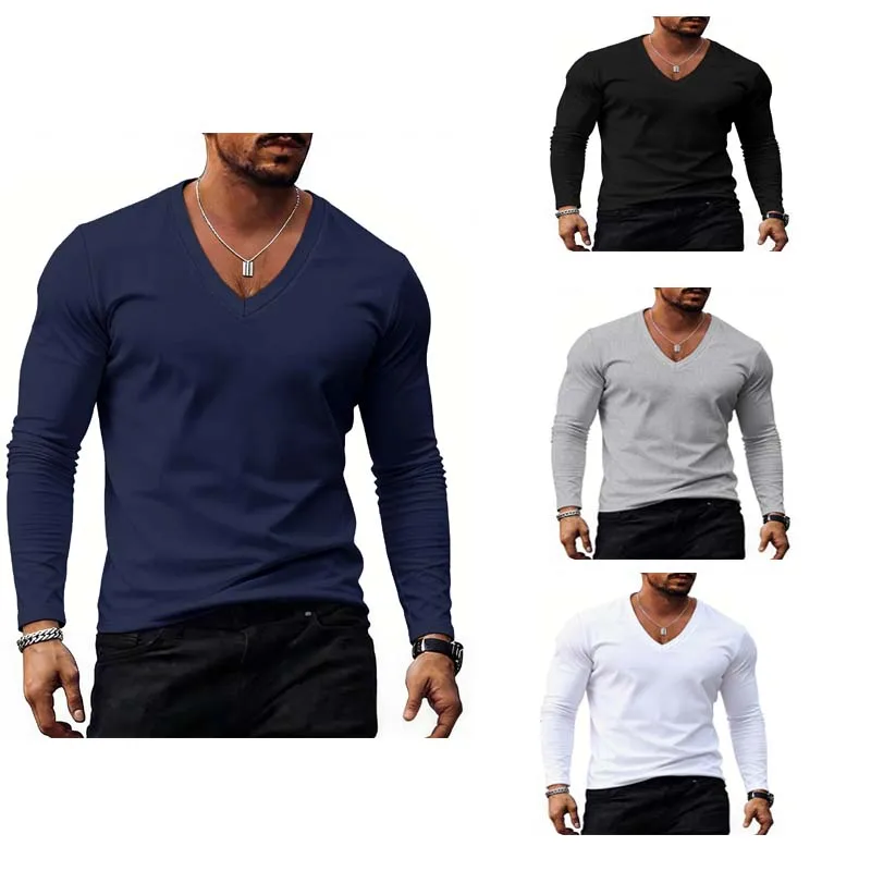 

Men's long sleeved T-shirt 2026 new spring and autumn base men's V-neck solid color plus size casual top men's