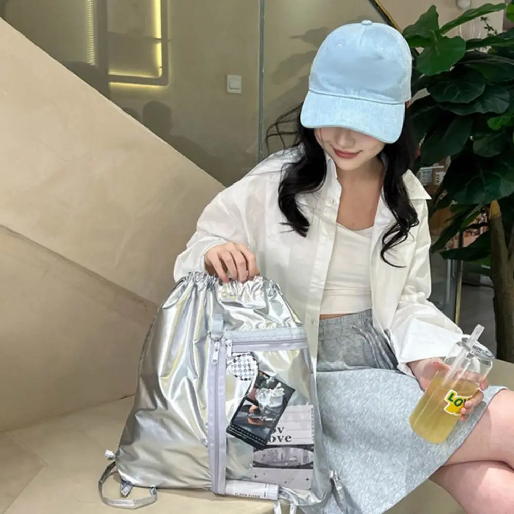Transparenter Taschen-Rucksack mit Kordelzug, große Kapazität, silberfarbenes PU, koreanischer Stil, Itabag, modisches Design, leichte Umhängetasche