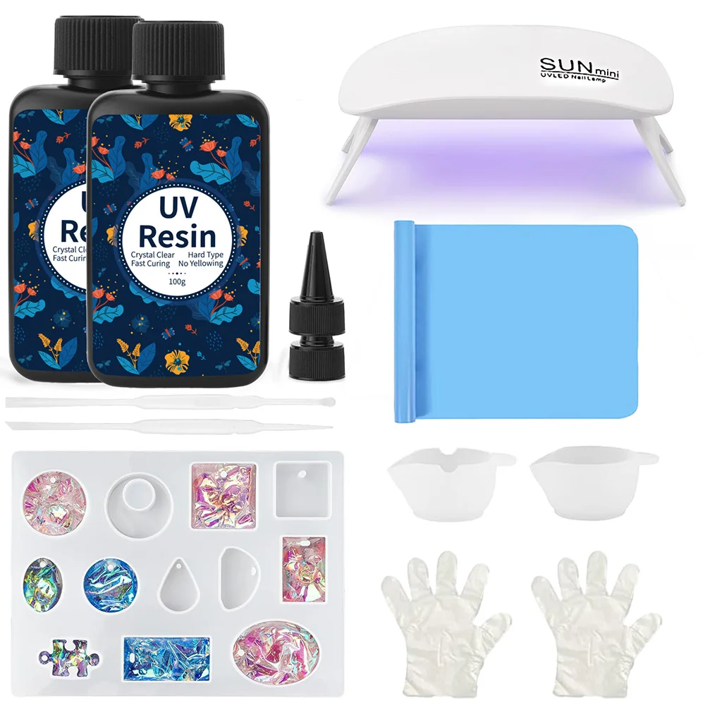 UV Resin Kit with Light, 200g Crystal Clear Solar Activated UV Resin for Jewelry Making (100g x 2)