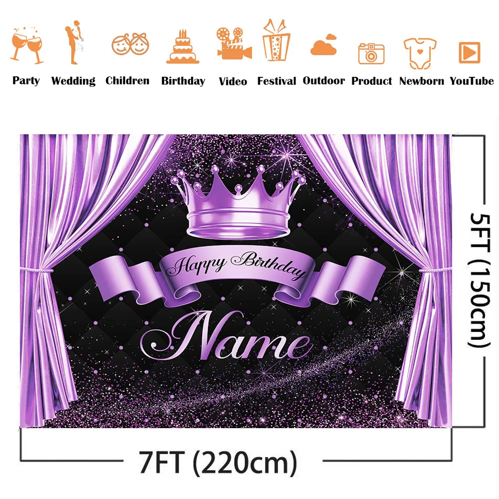 Purple Birthday Background Customize Name Purple Curtain Backdrop Crown Princess Birthday Party Decoration Banner Photocall