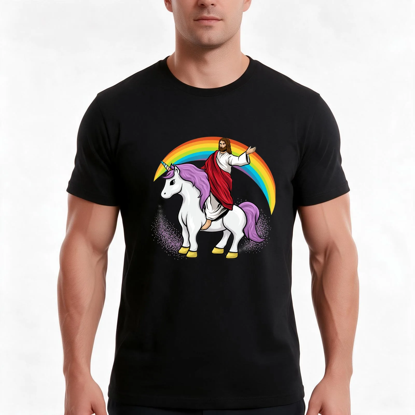 Camiseta divertida con la imagen de Jesús montando un unicornio, ideal como regalo, camiseta de algodón para el verano, estilo casual, camisetas de corte amplio para uso urbano, estampado gráfico de estilo vintage.