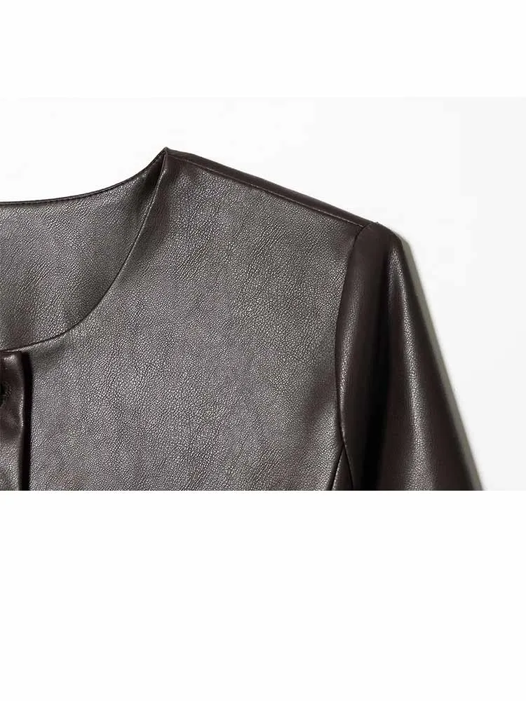 HH nouvelle femme hiver mode col rond manches longues simple boutonnage en cuir artificiel femme décontracté Style de rue manteau