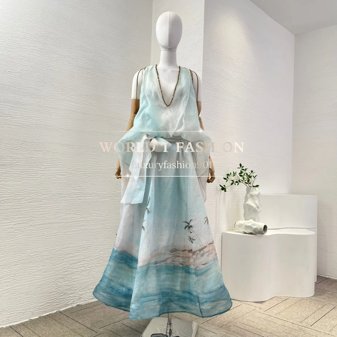 2025 New Fashion Blue Coconut Trees on The Beach Print Sleeveless Beading Deep V Neck Maxi Dress