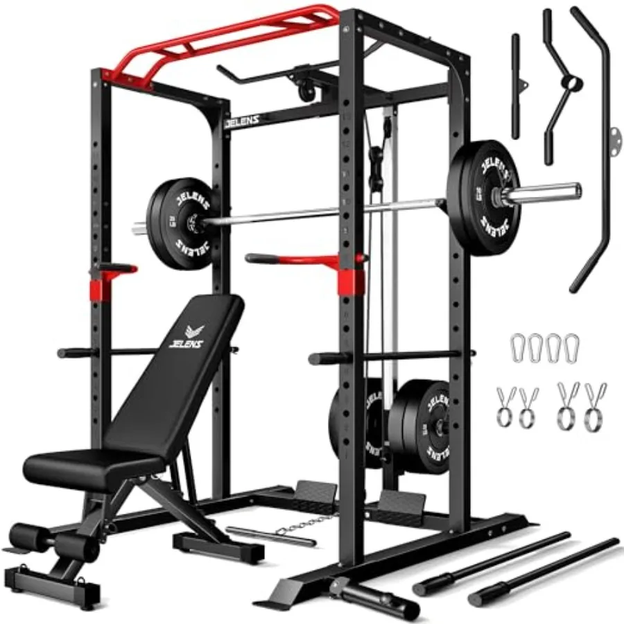 Home gym power cage: steel, black, 2000LB capacity with LAT pulldown, adjustable pulley system, squat rack, and multi-function
