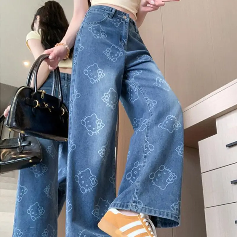 Chaud Sanrio dessin animé imprimé mode Cowboy pantalon 2025 nouvelles femmes quatre saisons conception taille haute goutte jambe droite jambe large pantalon