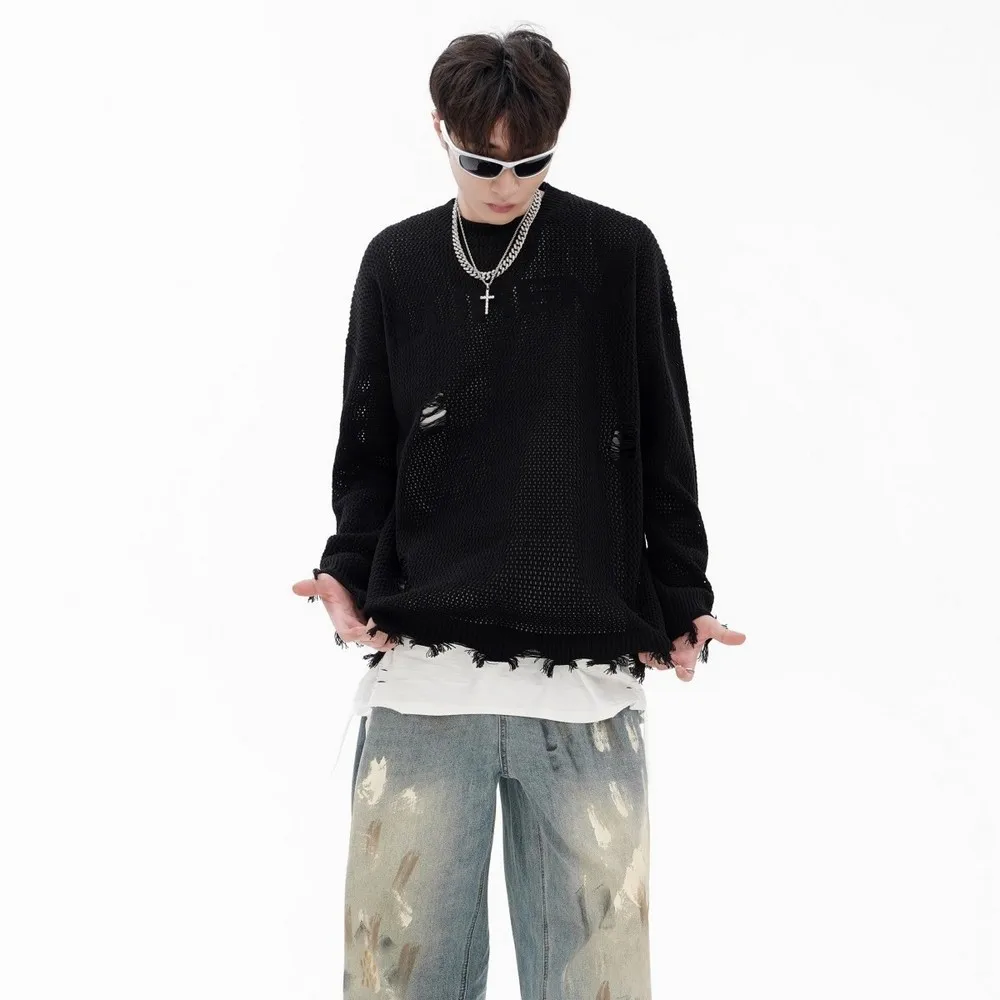 Distressed Ripped Holes Tassels Loose Goth Sweaters for Men Women Torn Frayed Ugly Men's Hiphop Winter Clothing Pulls Streetwear