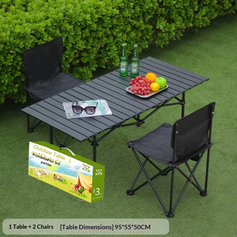 屋外用金属製折りたたみテーブルとガーデンチェアの3点セット、95cmエッグロールテーブル、モダンミニマリストデザインの屋外家具