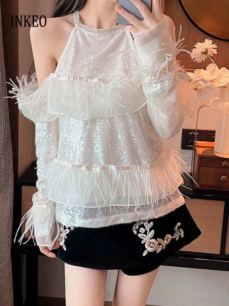 

Sexy Club Sequined feather tops Women Off shoulder Long sleeve t-shirt 2024 Summer Party Ostrich hair shirt White INKEO 4T042