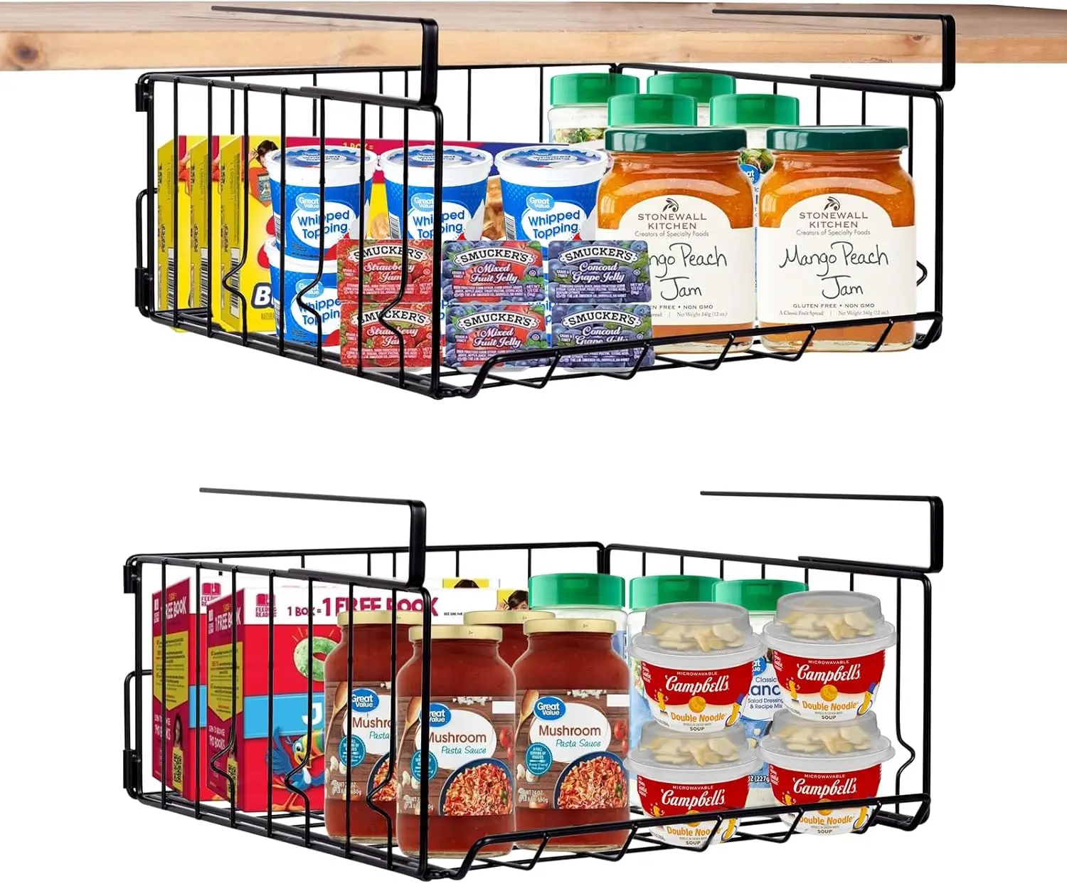 

Under Shelf Storage Baskets, Steel Hanging Wire Shelves for Kitchen, Pantry, Laundry Room, Desk, Bookshelf (Black, 2 Pack)