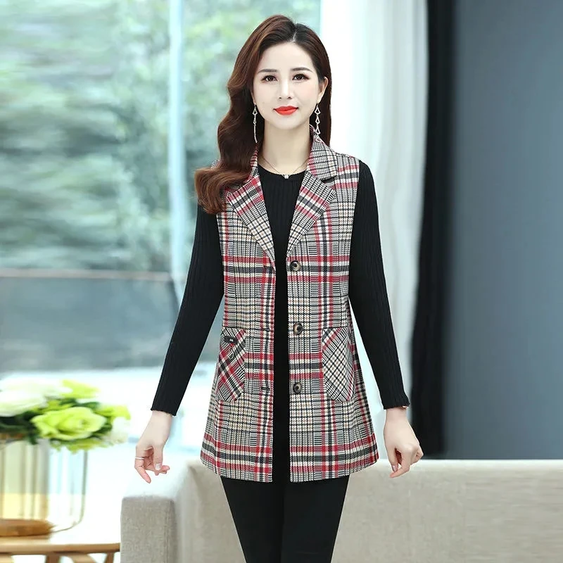 2023 NEW Fashion Plaid Vest Jacket Spring Autumn Middle-Aged Elderly Women\'s Vest Sleeveless Casual Waistcoat Jacket Tops 5XL