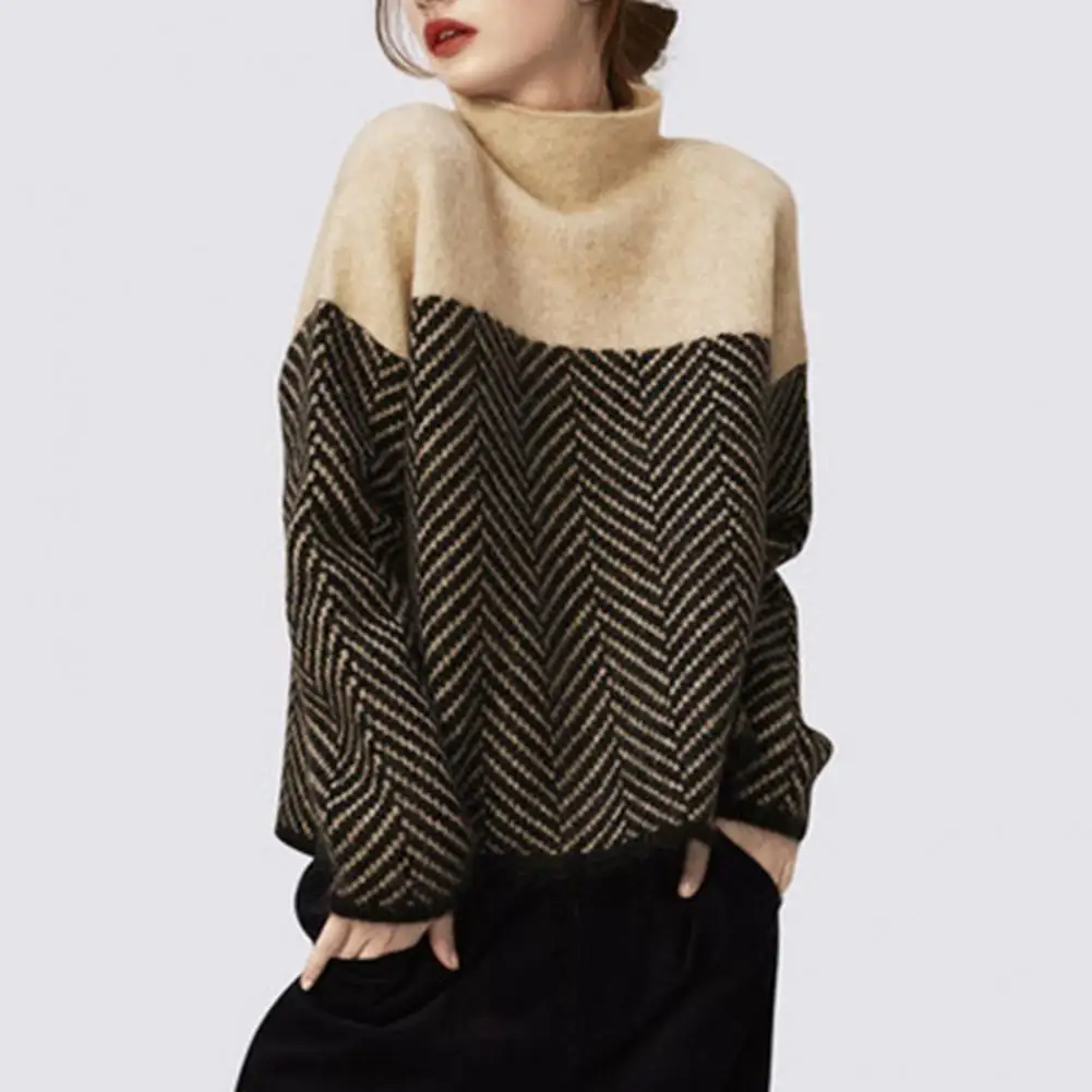 

Sweater Tops Color-blocked Loose Fit Knitting Top for Women Half High Collar Long Sleeve Pullover Sweater Autumn Winter Thick