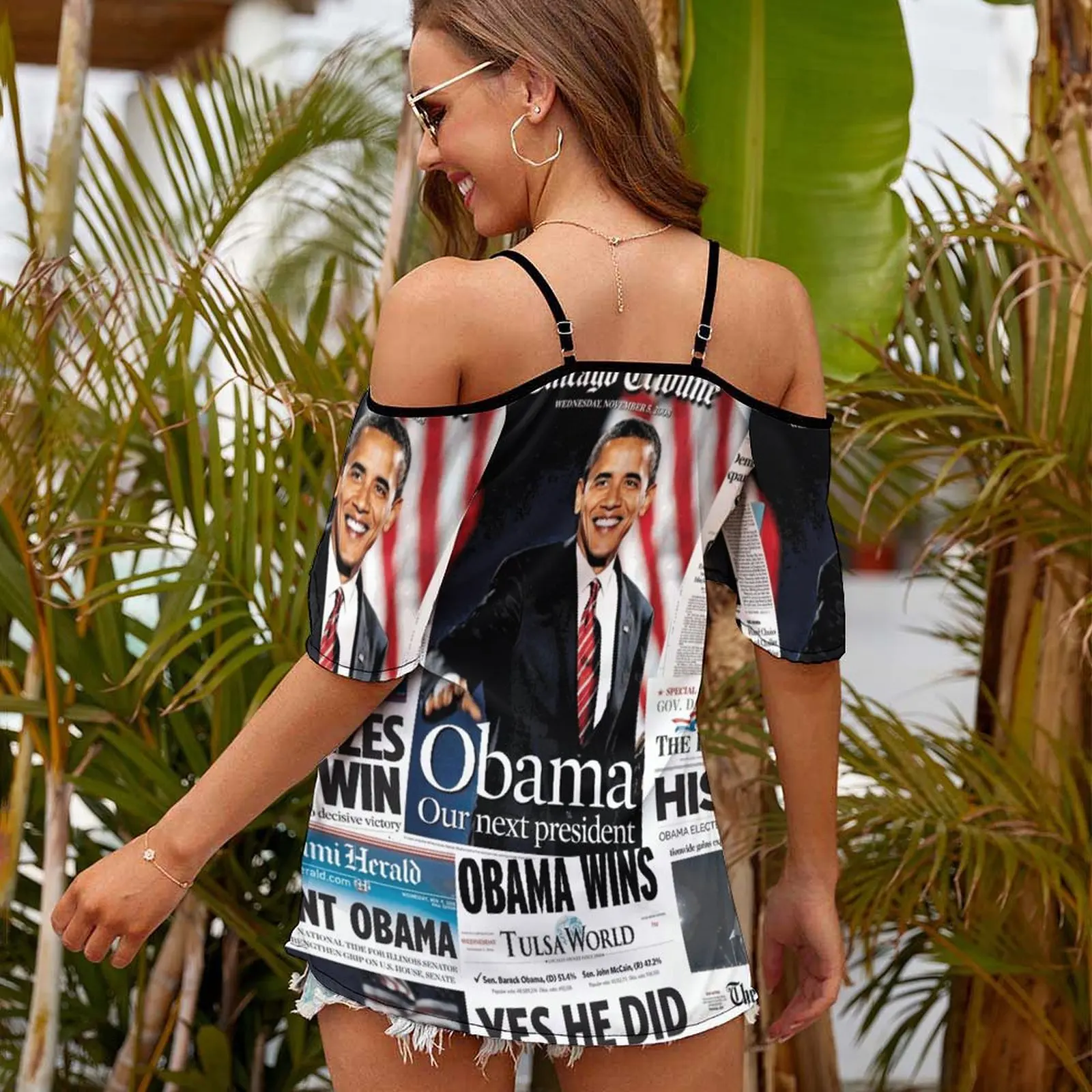 Obama 2008 Commemorative Front Pages Women Short Sleeve Tops O-Neck Hollow Out Shoulder Strap Tees Streetwear Obama Barack