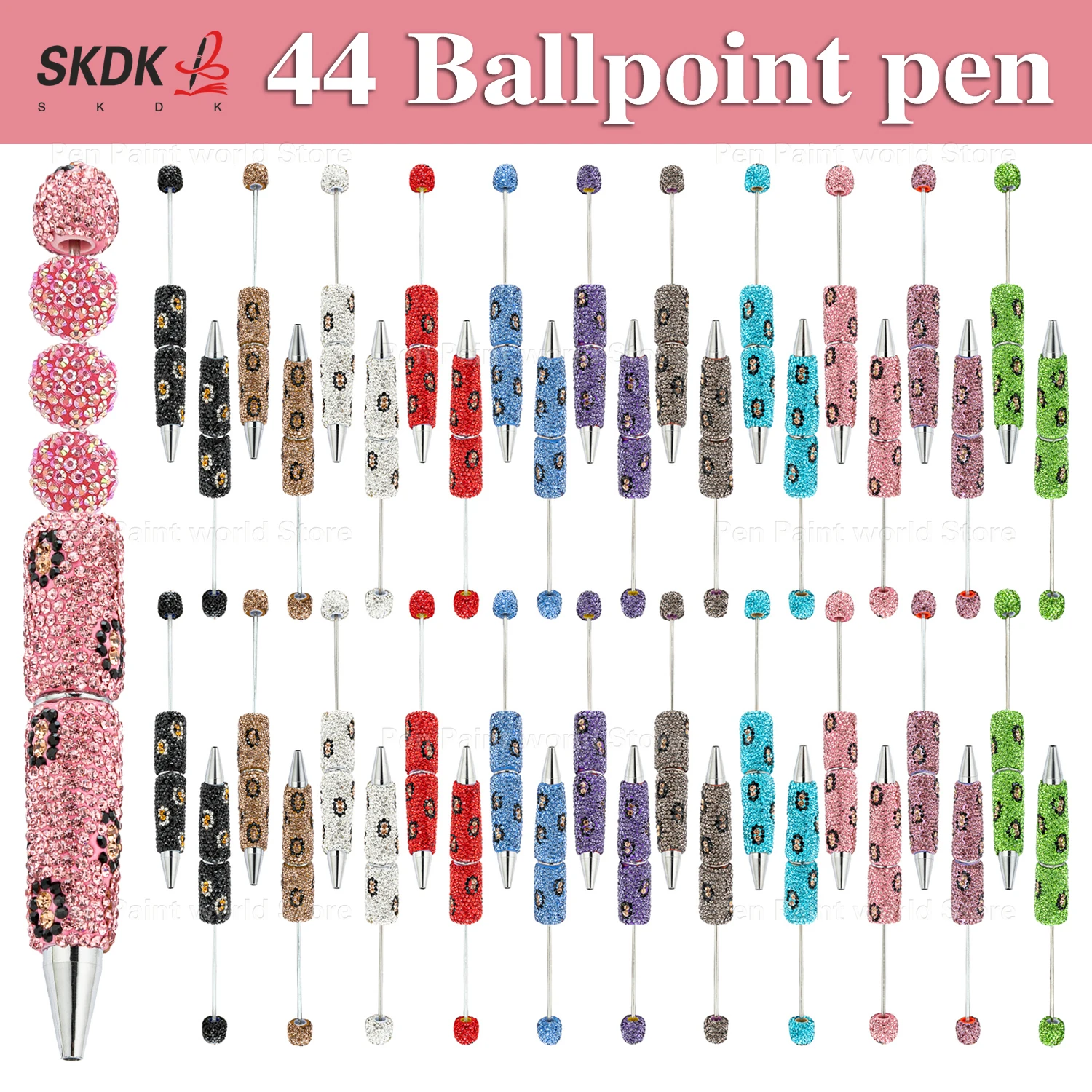 

44Pcs DIY Leopard Bead Pen with Rhinestones – Creative Ballpoint Pen for Girls & Stationery Lovers
