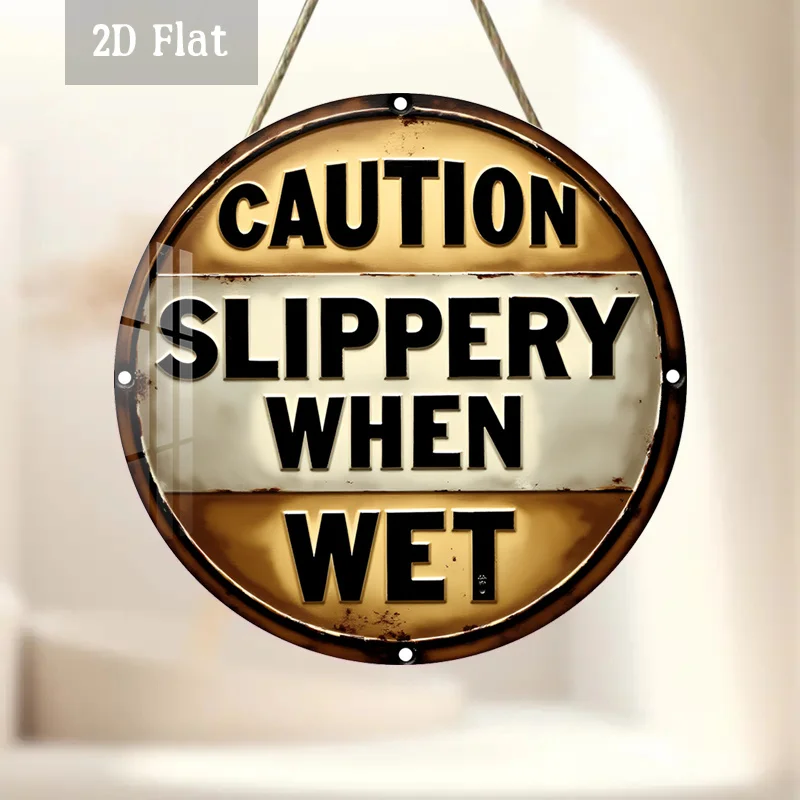 2D Flat - 1pc Caution Sign Round Wood Panel | Slippery When Wet Round Wall Decor Safety Warning - Vintage Look Wall Art for Home