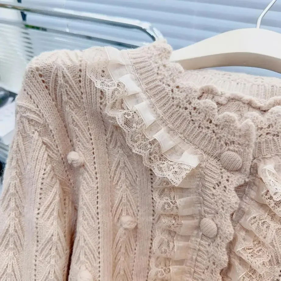 Temperament Retro Lace Fungus Sweater Jacquard Knit Cardigan Pull Femme Autumn 2024 Outwear Tops Knitwear Jacket Clothes