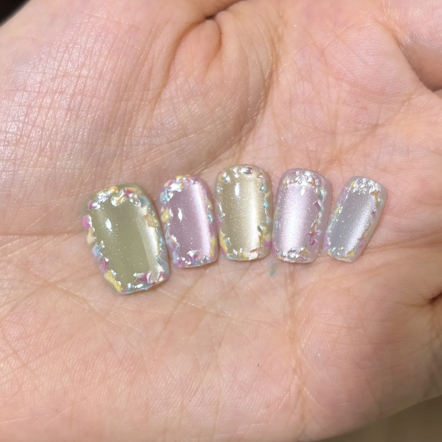 

10pcs Handmade Press on Nails Cat's Eye Wreath Glitter Gradient Blue Glossy Square Short Full Coverage Detachable False Nails