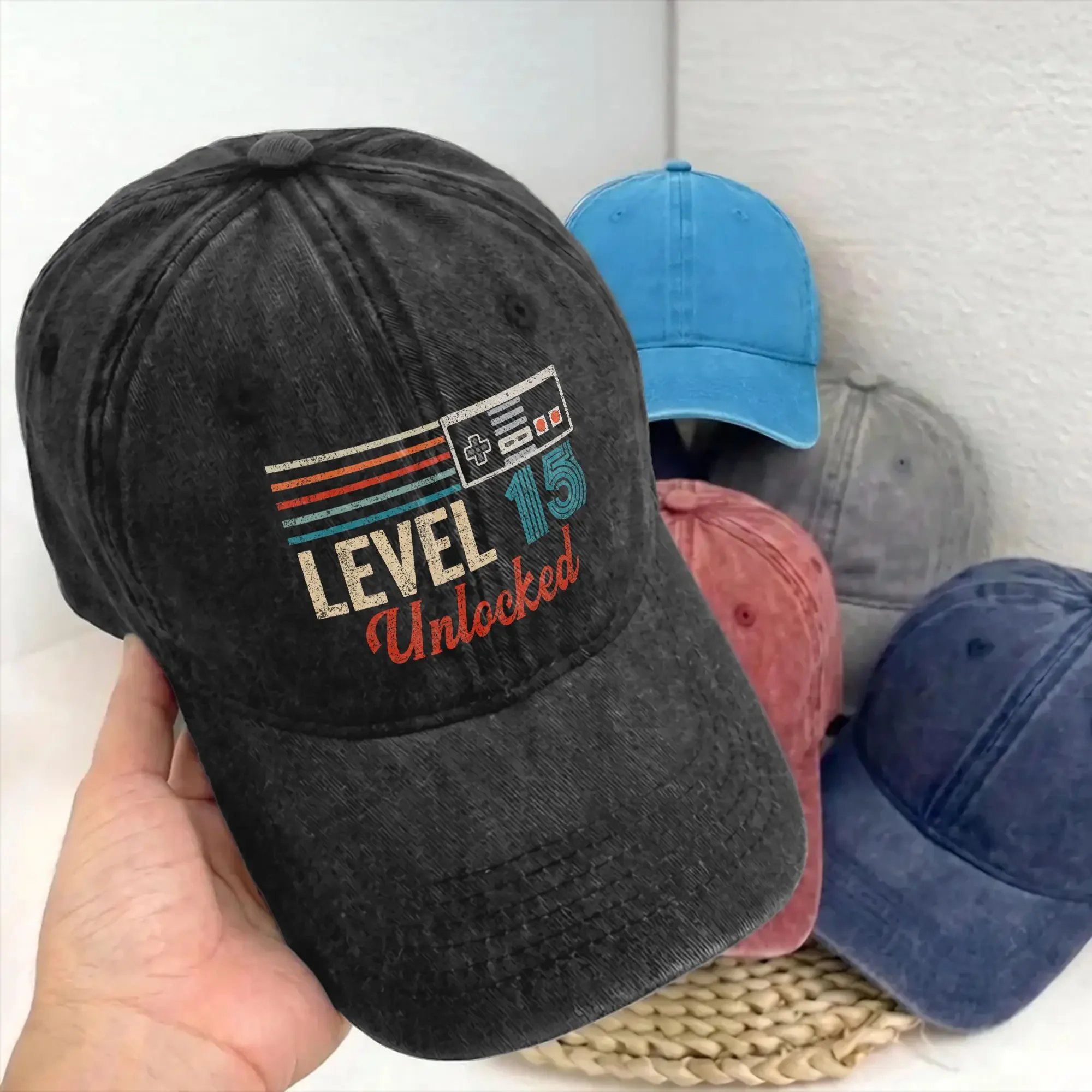 Unlocked Level 15 Birthday Unstructured Baseball Cap Distressed Denim Video Game Controller Snapback Hat Travel Adjustable