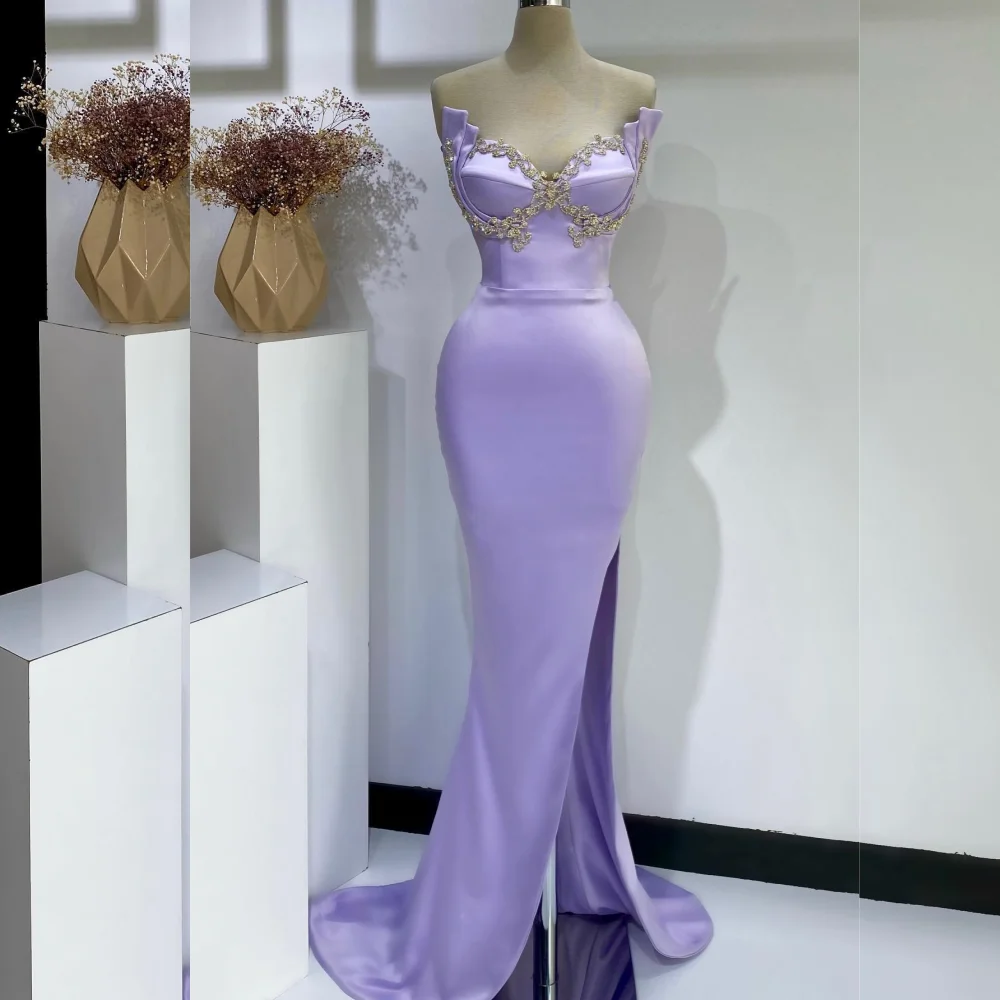 Vestido largo de satén con cuentas de sirena para fiesta, sin tirantes, a medida, para ocasiones