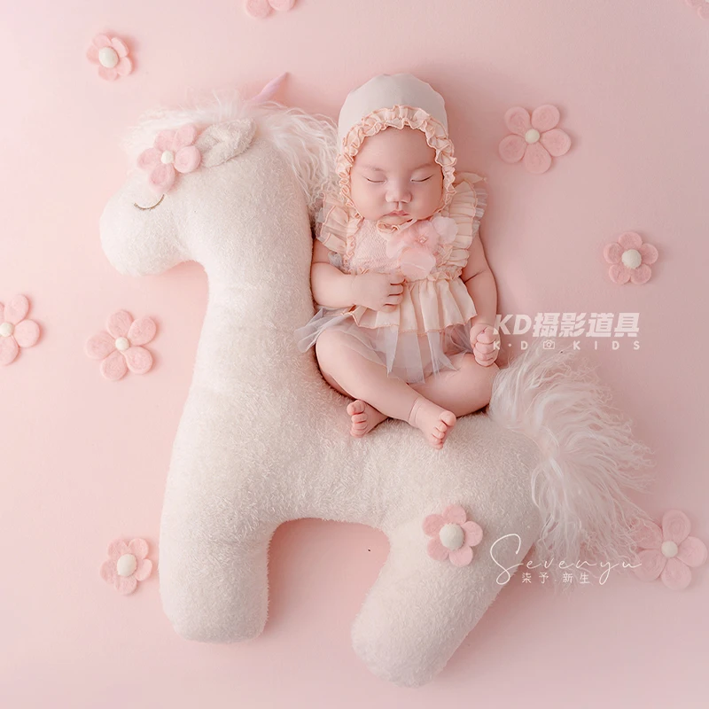 Cute Unicorn Theme Newborn Photography Props Princess Style Pink Lace Romper with Matching Hat Infants Studio Photoshoot Outfit
